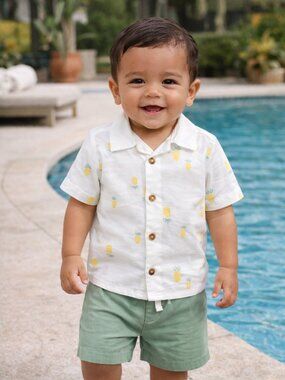 NWT Carter’s Toddler Boys 2PC Pineapple Button-Up Shirt & Green Shorts Set 18M